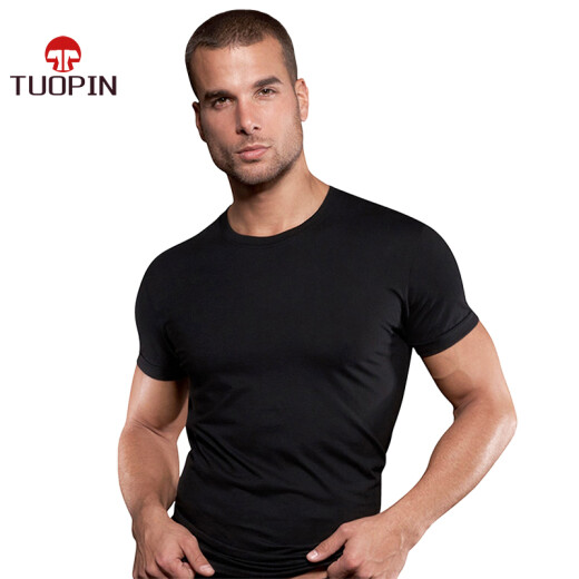 Tuopin high-end solid color T-shirt men's slim round neck short-sleeved T-shirt half-sleeved tight summer fitness sports tops black 170/L