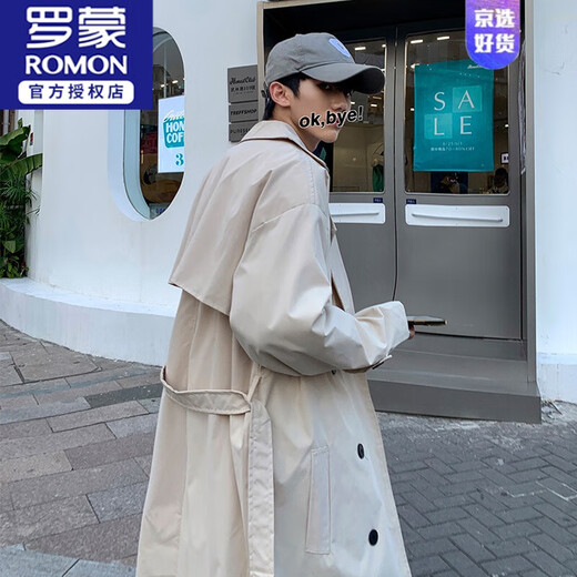 
ROMON British windbreaker jacket men's design sense high-end spring and autumn over-knee handsome mid-length coat summer loose casual AA khaki XL