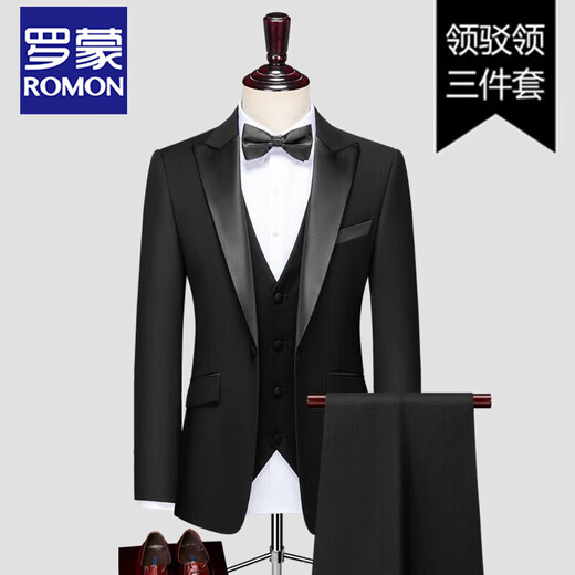 ROMON high-end casual suit men's suit groom wedding dress Korean version slim and handsome business formal suit two-piece suit 3188 black three-piece suit M (80-105)