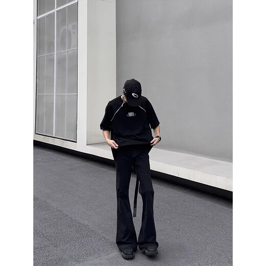 POUM jean micro-chargé pour hommes au printemps, automne et hiver nouveau style américain haute rue beau design simple pantalon long mince TYFS-Y9207 noir S