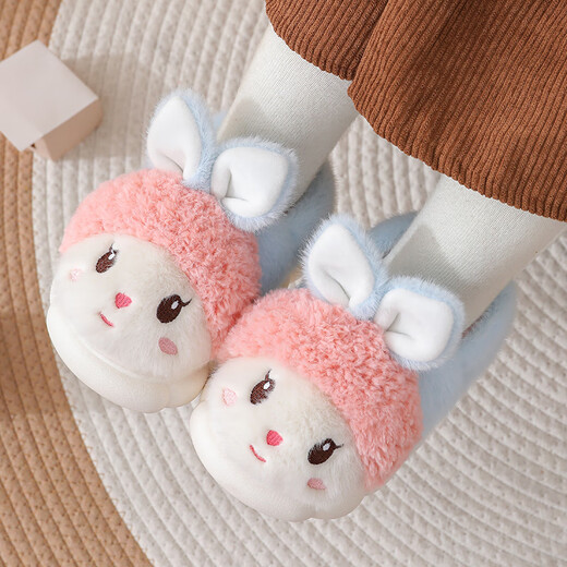 Candy astringent children's cotton slippers, winter plus velvet, thickened, warm, soft sole, non-slip, home cartoon rabbit, boys and girls, baby cotton slippers, heel included, pink, size 22-23, inner length 14cm