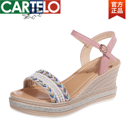 
CARTELO brand wedge sandals 2025 women's summer fairy style fashion thick sole sponge cake versatile one-strip high heels Beige 36