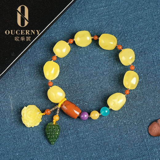 Ouchini Natural Beeswax Bracelet Duobao Series Bracelet with Shaped Amazonite Purple Mica Southern Red Bucket Beads Rose Jasper with Amber Water Drop Pendant Women's Rose Jasper Bracelet