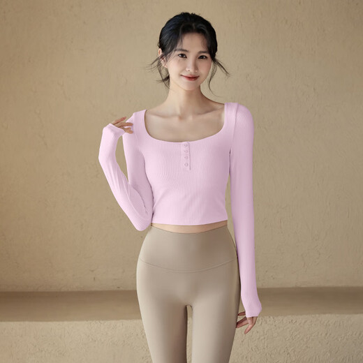 LULU CENTURY yoga clothes with chest pads, long-sleeved tops for women, slim-fitting sports T-shirts, quick-drying Pilates fitness clothes for women, milky white, fixed one-cup M