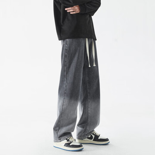 Foss Phil Jeans Summer Hole Loose Work American pantalones Trendy Brand High Street Retro de pierna ancha Men SS-5009 Black Grey XL (recomendado 130-150jin [Jin equivale a 0.5 kg])
