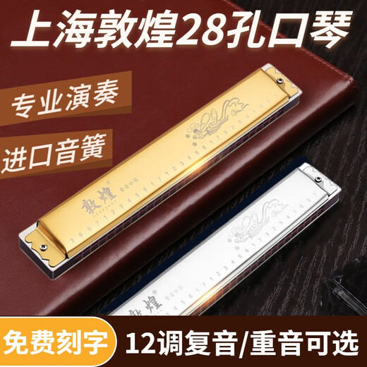 敦煌上海老品牌敦煌28孔F调G调复音D调重音C调口琴初学者演奏送礼乐器 28孔金色复音A调