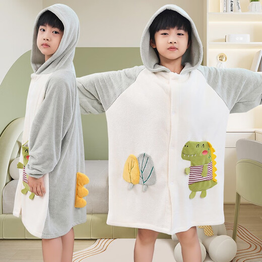 Baifei bath towel can be worn and wrapped around boys and girls bath skirt cloak long-sleeved water-absorbent quick-drying non-pure cotton water-absorbent children's bathrobe children's bathrobe-Green Dinosaur (large size) suitable for height