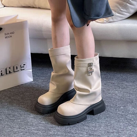 Tiaodega Bottes féminines printemps et automne Nouvelle talon épais à l'orteil rond à capuche Martin Bottes de bottes de pantalon empilées