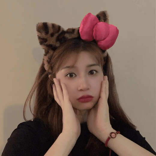 Danqin leopard print plush face wash ear headband women's headband new pressed cute bow headband hair bundle hairpin headdress bow cat ear headband