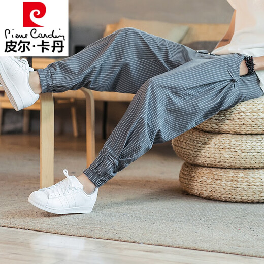 Pier Cardan linen pants for men's summer thin cropped pants tucked feet Harem pants Chinese style men's pants striped cotton linen pants trendy MK983 black L (115-135Jin[Jin equals 0.5 kg])