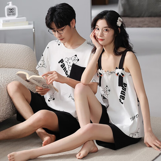 Daizixin 2 ensembles de pyjamas de couple pour les bretelles d'été pour femmes, ensemble en deux pièces de coton pur à manches courtes à manches minces d'été pour hommes DD9904 Femmes M + hommes XL