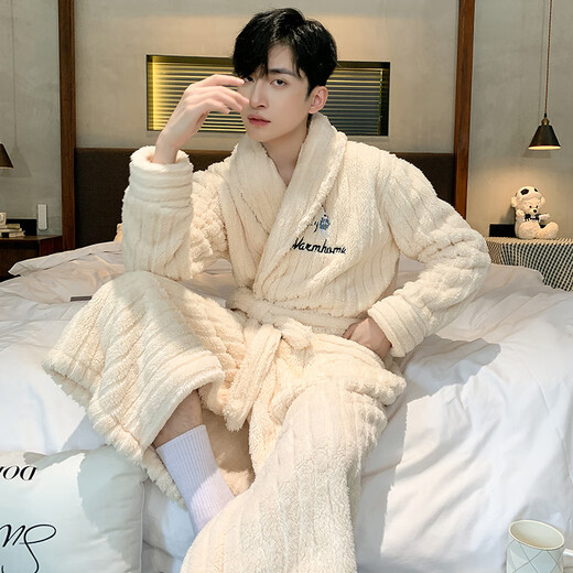 
Langsha pajamas men's autumn and winter flannel thickened lengthy nightgown with velvet warm bathrobe household clothing light gray 3XL