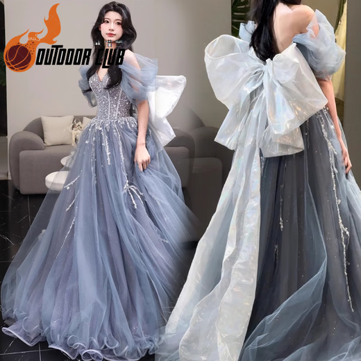Chuang Jingyi chooses the Vocal Arts Examination Dress for Women Evening Dress for Women with High Sensibility and Temperament French Adult Ceremony Light Host Vocal Arts Examination Girls Blue XS