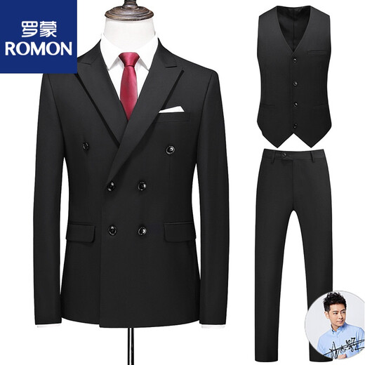 ROMON2022 men's large size suit three-piece double-breasted solid color suit business formal sapphire blue L