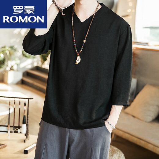 罗蒙（ROMON）亚麻T恤男宽松棉麻七分袖打底T恤衫中国风夏季潮流V领上衣服 白色(七分袖) L