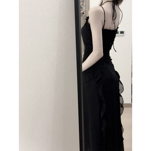 Yanlifen (yanlifen) skirt for women 2025 summer French style black suspender dress with waist slimming seaside beach long skirt black dress (send flowers) M