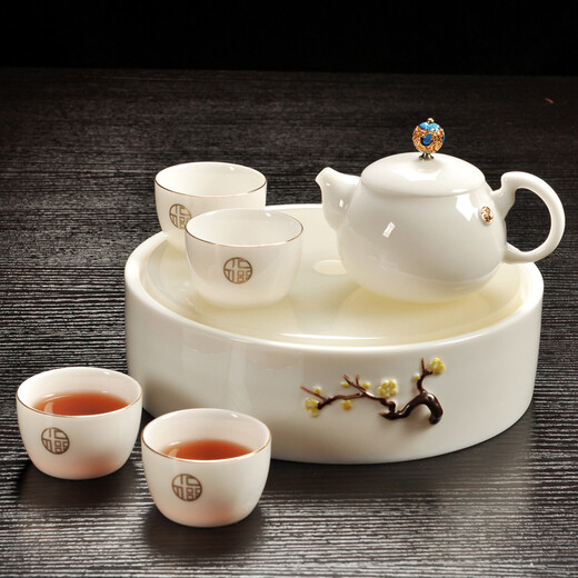 Greek-style mutton-fat jade porcelain Kung Fu tea set for home use Tangyue kiln Dehua white jade porcelain tea set office cover bowl tea cup small tea tray set jade tea table dry infusion tray gift box Horseshoe jade porcelain 7 pieces (gift box)