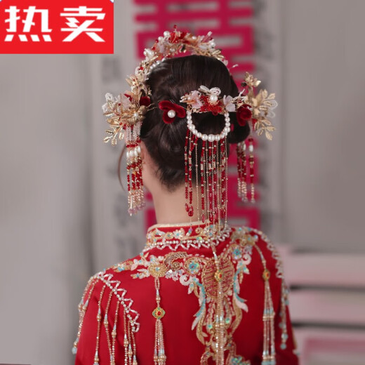 SNQP bridal headdress Xiuhe suit classical pearl antique costume accessories red headband back area wedding Chinese hair accessories headdress set