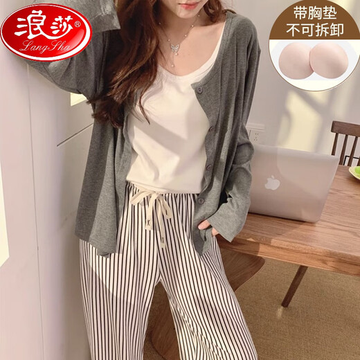 浪莎（LangSha）带胸垫睡衣女春秋款冬季长袖条纹2024新款慵懒风背心纯棉三件套装 728三件套带胸垫不可拆卸】 L 建议体重100-120斤】