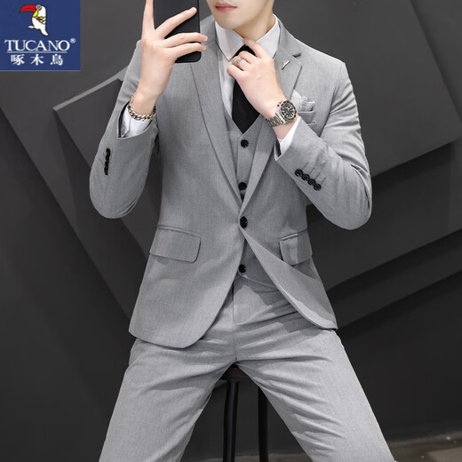 Woodpecker (Tucano) Freizeitanzug Anzug Männer koreanischer Stil Business formeller Anzug Drei-teilig Set Slim Best Man Wedding Kleid Blazer Black [Anzug + Hemd + Hemd] Gürtelkrawatte 2xl