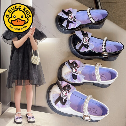 G.duck girls leather shoes 2024 spring and autumn new style children's style bow princess shoes girls beanie shoes Kuromi shoes trendy black 27 inner length 16CM