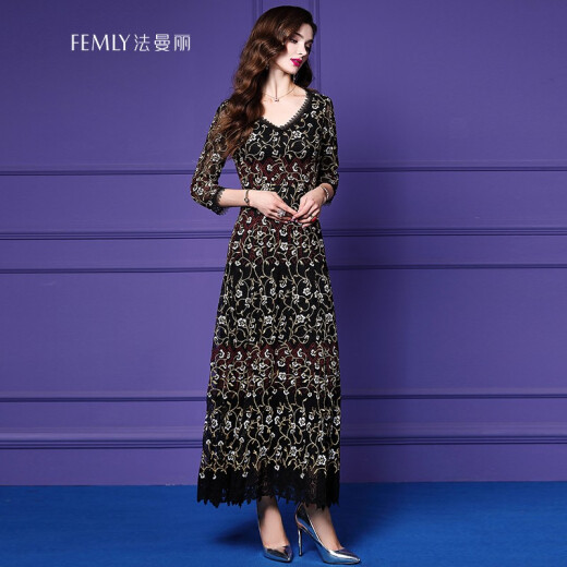 FEMLY new heavy industry embroidery dress noble banquet reception host celebrity aura queen black evening dress long L9971 black gold M