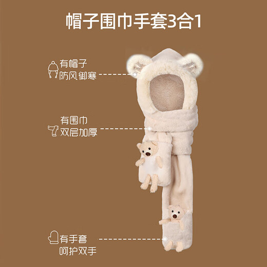 Xue Qianman's cute bear hat, warm scarf, one-piece hooded women's winter cold-proof warm gloves, thickened velvet three-piece set