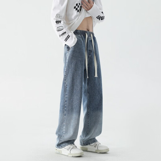 Foss Phil Jeans Summer Hole Loose Work American pantalones Trendy Brand High Street Retro de pierna ancha Men SS-5009 Black Grey XL (recomendado 130-150jin [Jin equivale a 0.5 kg])