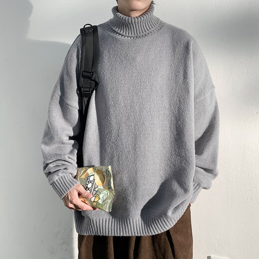 Liangci Fatty Large Size Turtleneck Sweater Boys Spring Autumn Winter Henley Collar Youth Sweater Solid Color Jacket Trend Black L