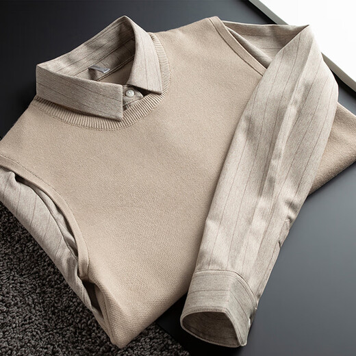 
Aseblarm light luxury autumn and winter thick warm business casual shirt collar fake two-piece sweater men slim pullover knit sweater men black M