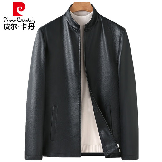 Pierre cardin high-end genuine leather jacket for men's top layer cowhide spring and autumn stand-up collar jacket middle-aged daddy leather jacket knitted black [lambda] single] 175/L