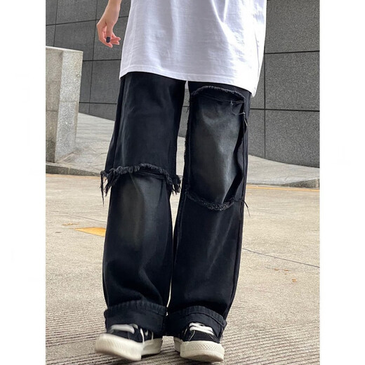 秋千坠牛仔裤女春秋新款时尚百搭高街美式欧美嘻哈宽松直筒学生破洞 1047 均码 s