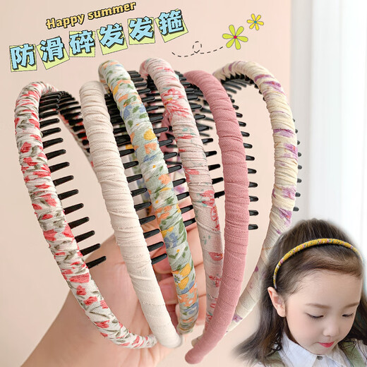 BARY REEF Girls' Floral Fabric Children's Pressed Hairpins Broken Hairbands with Teeth Anti-Slip Korean Cute Princess Doesn't Hurt Her Head Fashionable Summer Green Floral Hairbands