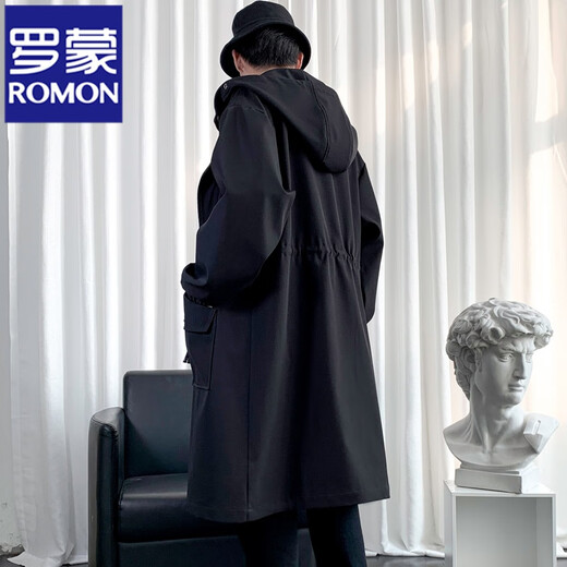 罗蒙（ROMON）风衣外套男中长款春秋季高级感大衣2024新款冬季休闲男装男士衣服 加厚 F174黑色【加棉】 2XL 170-190斤