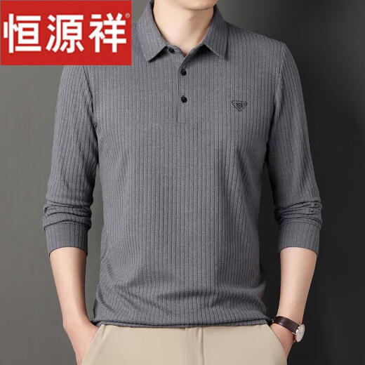 Hengyuanxiang Men's Clothing Spring y Autumn New Middle-Eding Masculed Camiseta de manga larga Algodón Solid Color Base Polo Dad's Top de manga larga 679 gris 190/4xl185-205Jin [Jin equivale a 0.5 kg]