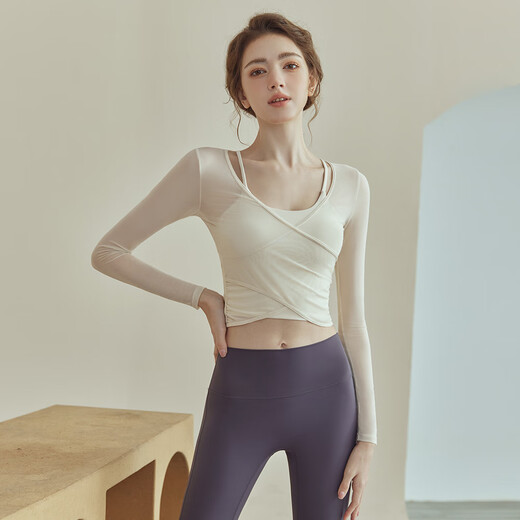 Jincheng yoga clothes for women spring and summer 2025 new high-end Pilates training clothes fitness suit sports long-sleeved tops off-white tops built-in chest pad PS1 M 100-118Jin Jin equals 0.5 kg