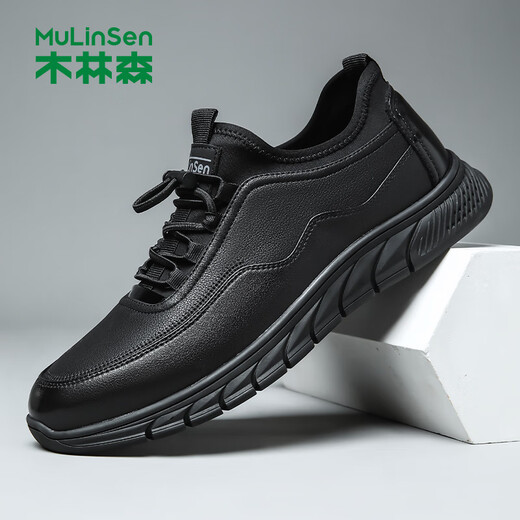 Mulinsen leather shoes men's comfortable lightweight casual shoes versatile driving shoes business casual shoes dad shoes black 44