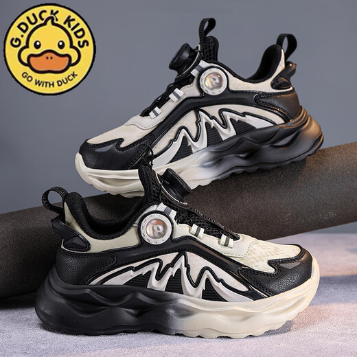 G.DuckKids Petites chaussures de garçons de canard jaune printemps et automne 2024 Nouveau produit bouton rotatif Mesh Breaks pour enfants respirant les baskets de la big et blanc 679 (surface du cuir) taille 40 taille 25,6 cm