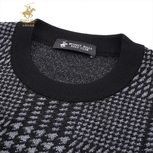 比华利保罗秋冬新款套头羊毛衫男休闲保暖方格纹男士圆领毛衣 黑色 S