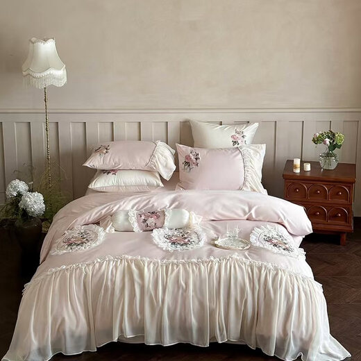Mercury series light luxury French cotton four-season new 200-count cotton bed four-piece set princess style embroidered flower bedding quilt cover Miu-cotton-romanticism-pink Category A maternal and infant grade bed sheet 1.8 meters suitable for quilt core 200*230