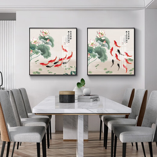 小泸林中式九鱼图装饰画餐厅画书房办公室茶室挂画入户玄关柜客厅壁画 15910 年年有余 布艺画40*40黑框(金框需备注