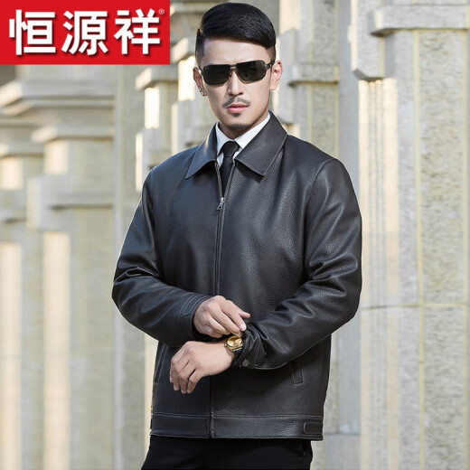 Hengyuanxiang Genuine Leather Jacket Men's Authentic Deerskin Lapel Jacket Men's 2024 Winter New Middle-aged Political and Commercial Style Office Style Jacket Black 165/M - Suitable for weight 100-115Jin [Jin equals 0.5 kg]