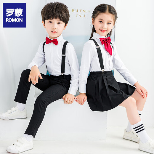Romon children's suspenders boys graduation performance uniforms graduation chorus performance boy host flower girl dress suit women's four-piece suit black suspenders + short skirt + long-sleeved white shirt + burgundy collar flower 110