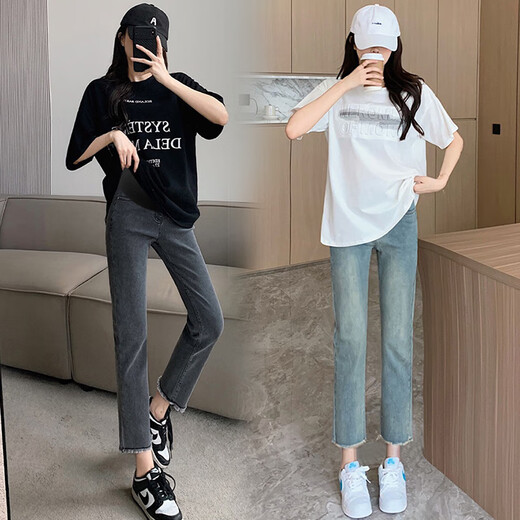 Yi Baiyi maternity pants in spring and summer new style of maternity jeans outside wearing new straight-leg pants casual pants spring and summer nine-point pants retro light blue XL