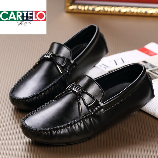 Cartelo Trendy Brand Bohnenschuhe für Männer vielseitige trendige Leder faul lässige Lederschuhe Geschäft Black ein Fuß mentaler junger Männerschuhe Schwarz 9880 Schnürstil 38