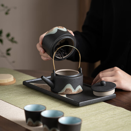 SUSHI CERAMICS hand-painted Kung Fu tea set with beam teapot and dry brewing tea tray and tea can 7-piece set holiday gift box J0182