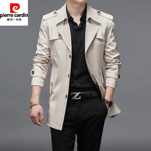 Pierre Cardin 2025 New Mid-Length Men's Windbreaker Spring and Autumn Slim British Style Trendy Handsome Jacket Men 8808 Off-White L 115-130Jin Jin is equal to 0.5kg Wear