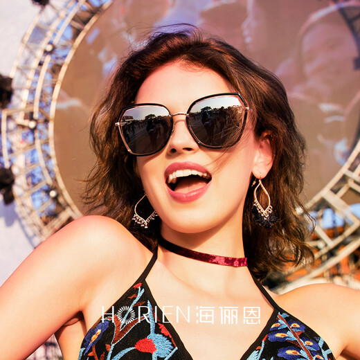 海俪恩 偏光太阳镜女新品墨镜大脸显瘦防紫外线网红司机开车专用驾驶镜多边形镂空可配近视镜N6621 【黑框+水银膜】N6621-N16P(偏光)
