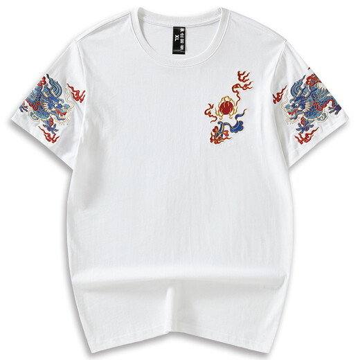 Denon Supreme kurzärmeligte T-Shirt für Männer und Frauen im Sommer chinesischer Stil Doppeldragon mit Perlen Pure Cotton Lose Lose großer Trendpaar T-Shirt T-Shirt T691 Weiße XL-Größe (Empfohlen 136-155 Jin [Jin gleich 0,5 kg]))