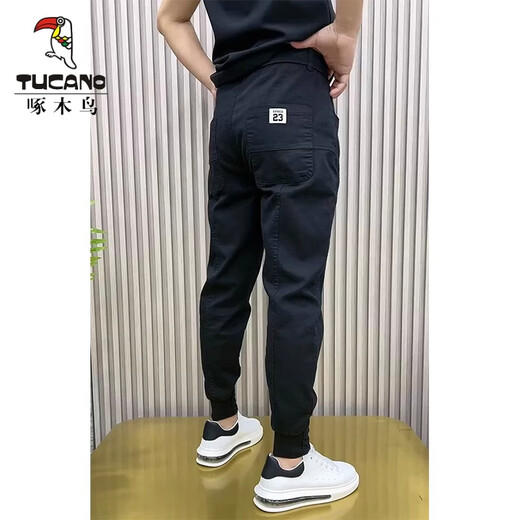啄木鸟（TUCANO）春秋季潮牌新款休闲裤男士黑色修身高弹工装裤薄款哈伦裤子束脚裤 黑色 35 ，160-175斤